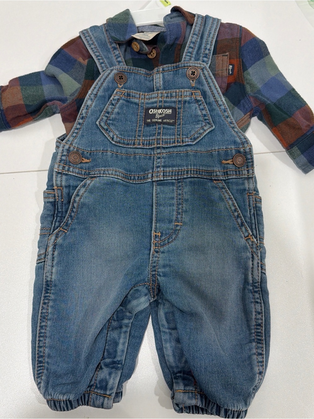 OshKosh B'gosh Light Blue Denim Overalls with Plaid Shirt